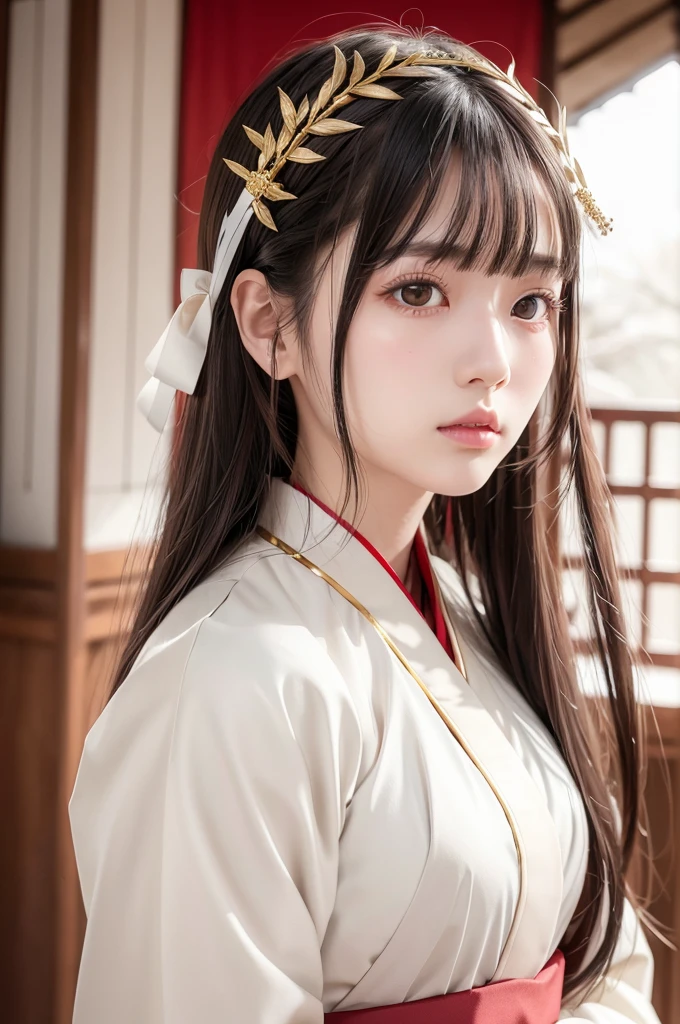 White hunting uniform, a shinto shrine maiden, detailed face, detailed eyes, detailed lips, long straight brown hair, gold thin hair ornaments, red straight lines on white outfit, conservative outfit, holding silver scissors, standing in a shrine courtyard, upper body closeup, high quality, digital art, photorealistic, dramatic lighting, cinematic, masterpiece