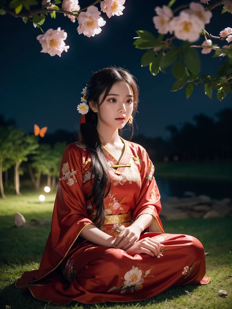 guqinghan,hell,chinese clothes,china dress, (night), In the park under the moonlight，A beautiful girl sitting among the flowers，Surrounded by blooming flowers and fluttering butterflies。Girl&#39;s cleavage is visible，The body leans back，Support your body with your elbows，Showing an elegant and seductive posture。She has a very beautiful、Well-proportioned legs，Anatomically correct。The girl&#39;s face is delicate，Bathed in the soft moonlight，The whole scene is filled with atmospheric lighting effects。Dramatic lighting creates a cinematic atmosphere。The bright smile on the girl&#39;s face adds a touch of fantasy。