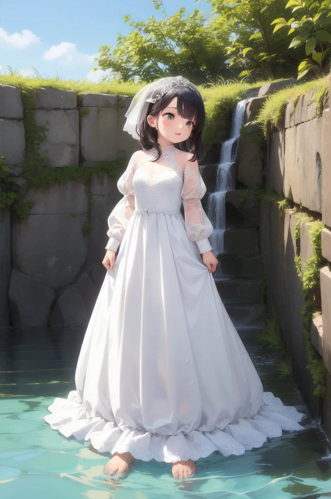 Wedding dress, climbing, 1girl, solo, water, wet, puffy sleeves,