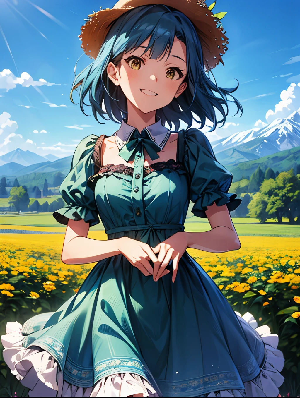 yuriko nanao (million live), 1 girl, Solo, Best Quality, masterpiece, 8K, High resolution, Ultra-detailed, madeon, portrait, face focus, yellow eyes, smile, have fun, bright green and aqua blue dress, collared, frilled dress, lacy dress, wearing straw hat, outdoor, high mountain in the background,