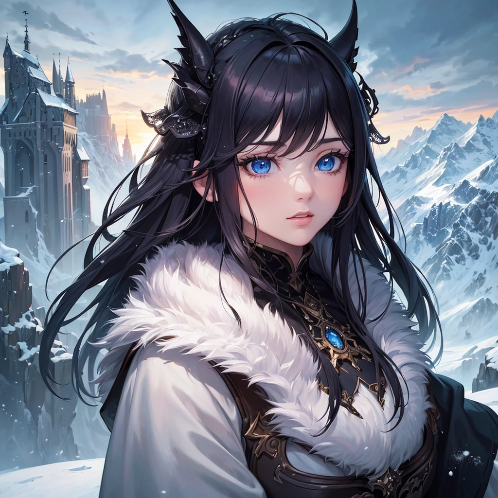 (masterpiece,best quality,illustration,dark,1girl,in the wilderness,high mountain,snow-capped mountains in the distance,castle,beautiful detailed eyes,beautiful detailed hair,long eyelashes,delicate facial features,dramatic lighting,vibrant colors,cinematic composition,fantasy landscape)