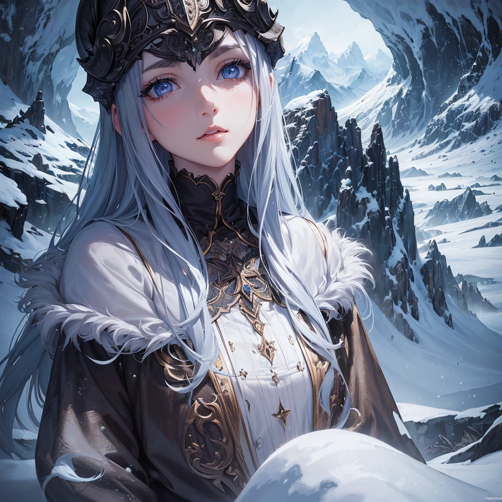 (masterpiece,best quality,illustration,dark,1girl,in the wilderness,high mountain,snow-capped mountains in the distance,castle,beautiful detailed eyes,beautiful detailed hair,long eyelashes,delicate facial features,dramatic lighting,vibrant colors,cinematic composition,fantasy landscape)