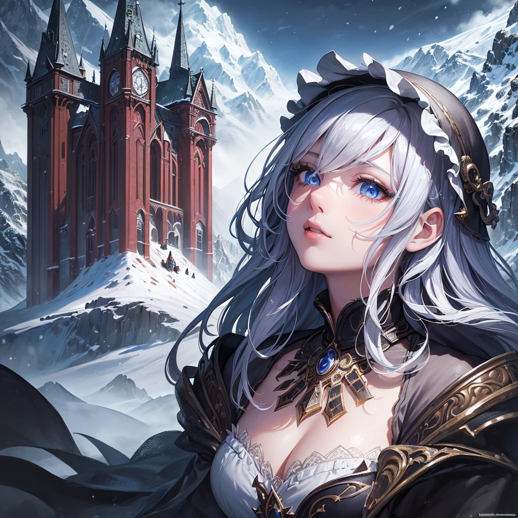 (masterpiece,best quality,illustration,dark,1girl,in the wilderness,high mountain,snow-capped mountains in the distance,castle,beautiful detailed eyes,beautiful detailed hair,long eyelashes,delicate facial features,dramatic lighting,vibrant colors,cinematic composition,fantasy landscape)