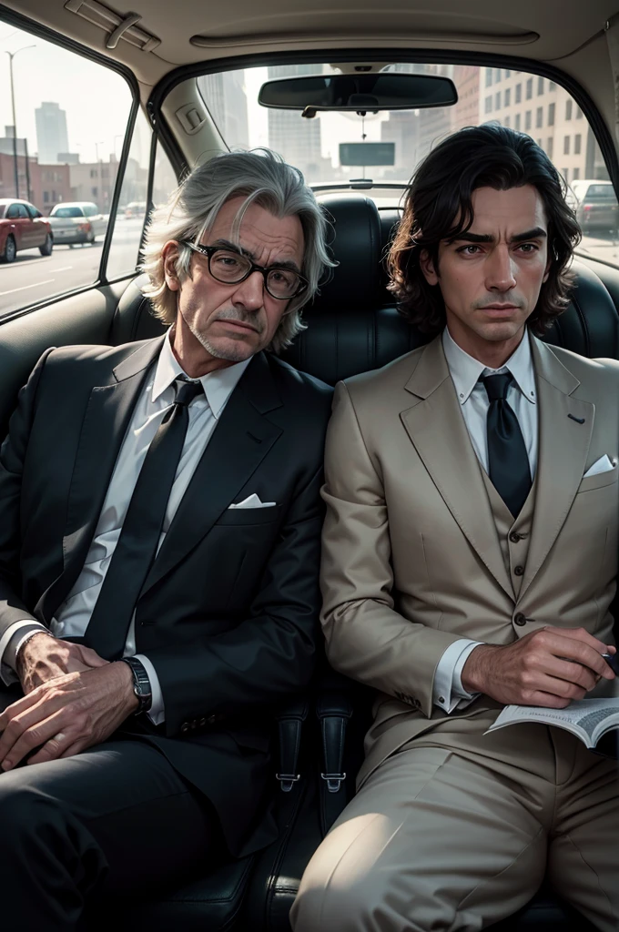 Two middle-aged American mafia bosses in suits and ties were sitting in the back seat of a car chatting with each other.，The background outside the car window is an American city, Biographical films, Promotional image, High quality photos, Art work, Wim Wenders, [ drama ], 2022 , [ Movie, author：Emma Andijewska, High-quality screenshots, author：Dan Frazier, 4k static, netflix, High-quality stills, a24 ，High quality face，Clear facial features