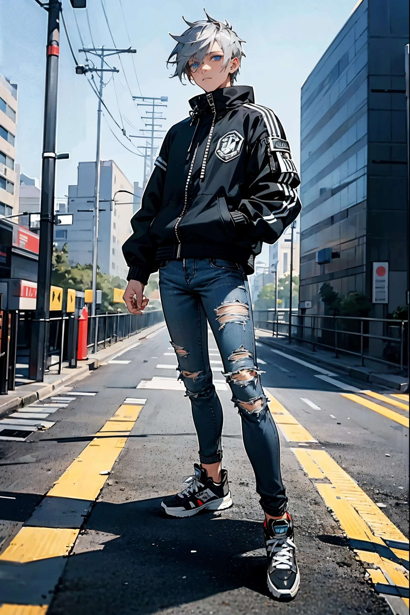 1male: Light gray hair, blue eyes, wearing a casual black bomber jacket with silver zipper details, ripped jeans, white high-top sneakers, standing in a modern cityscape with bright billboards and traffic, standing on path.