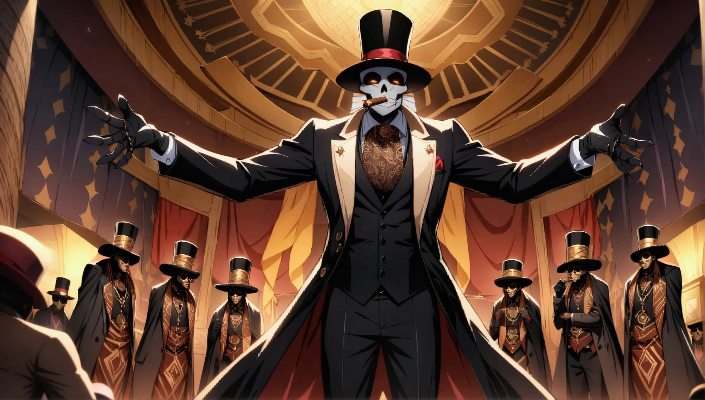 (((BARON SAMEDI))) best quality, ultra-high resolution, 4K detailed CG, masterpiece, man, formal wear, top hat, cigar, voodoo mythology, ((standing pose)), African aesthetic, centered screen