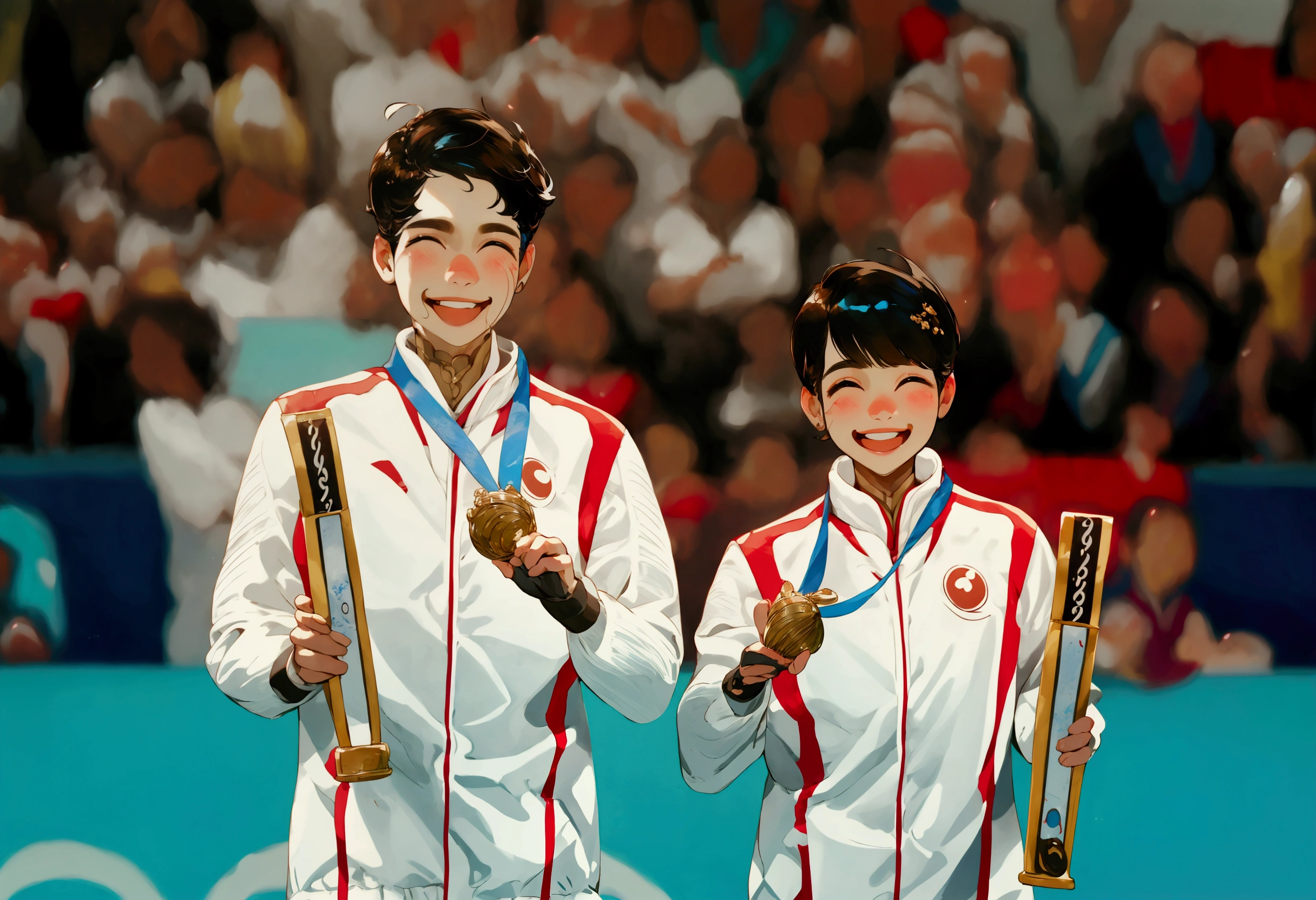 Two people,Man and short hair cute girl,Smile,In receiving the prize,champion,Delicate face,Olympic Games Photos,China,