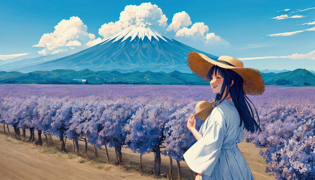 Fuji Mountain,summer,A wide, deserted plain,The wind is blowing,cumulonimbus,Straw hat blown away by the wind,Blue sky,Full of happiness
