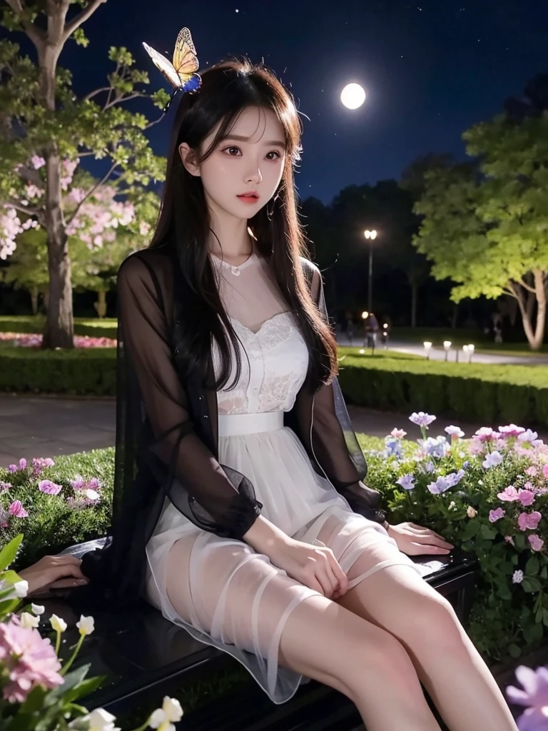 sheer skirt
sheer dress
sheer jacket,比基尼 (night), iridescence, In the park under the moonlight,A beautiful girl sitting among the flowers,Surrounded by blooming flowers and fluttering butterflies。Girl's cleavage is visible,The body leans back,Support your body with your elbows,Showing an elegant and seductive posture。She has a very beautiful、Well-proportioned legs,Anatomically correct。The girl's face is delicate,Bathed in the soft moonlight,The whole scene is filled with atmospheric lighting effects。Dramatic lighting creates a cinematic atmosphere。The bright smile on the girl's face adds a touch of fantasy。