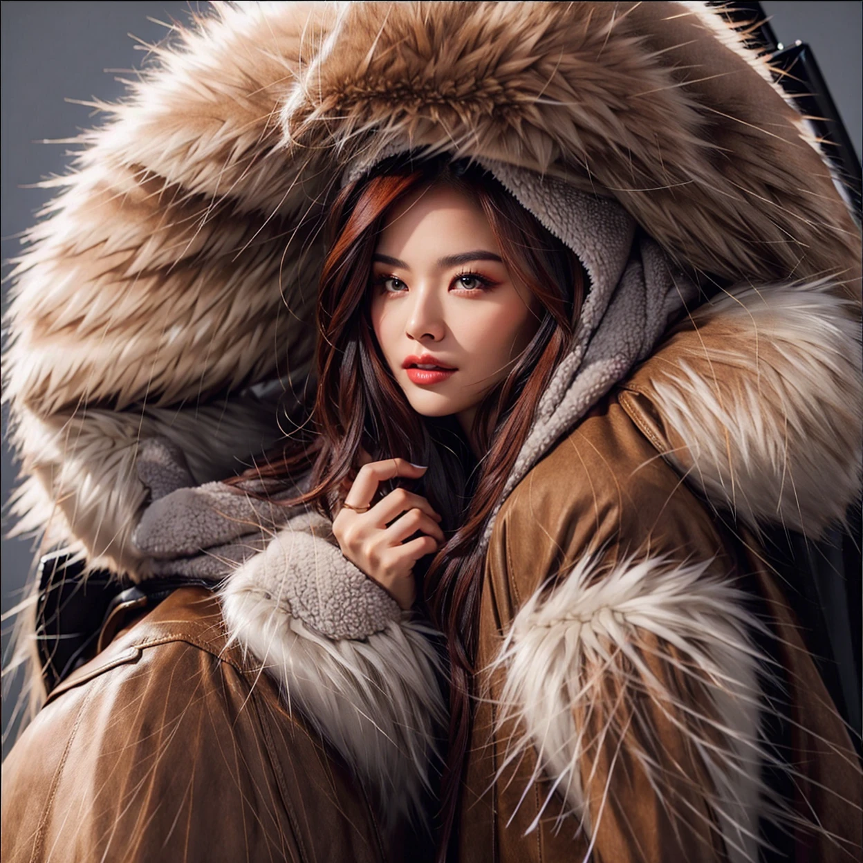 Beautiful woman wearing huge fur hood coat