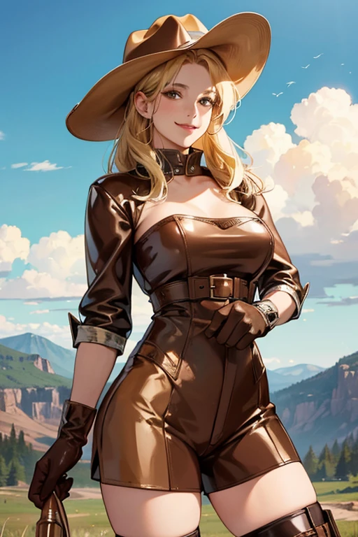 A black-haired girl smiling gently wearing a red enamel tube top, red enamel shorts, red enamel gloves, red enamel knee-high boots, and black fishnet stockings　Mount Fuji in the background