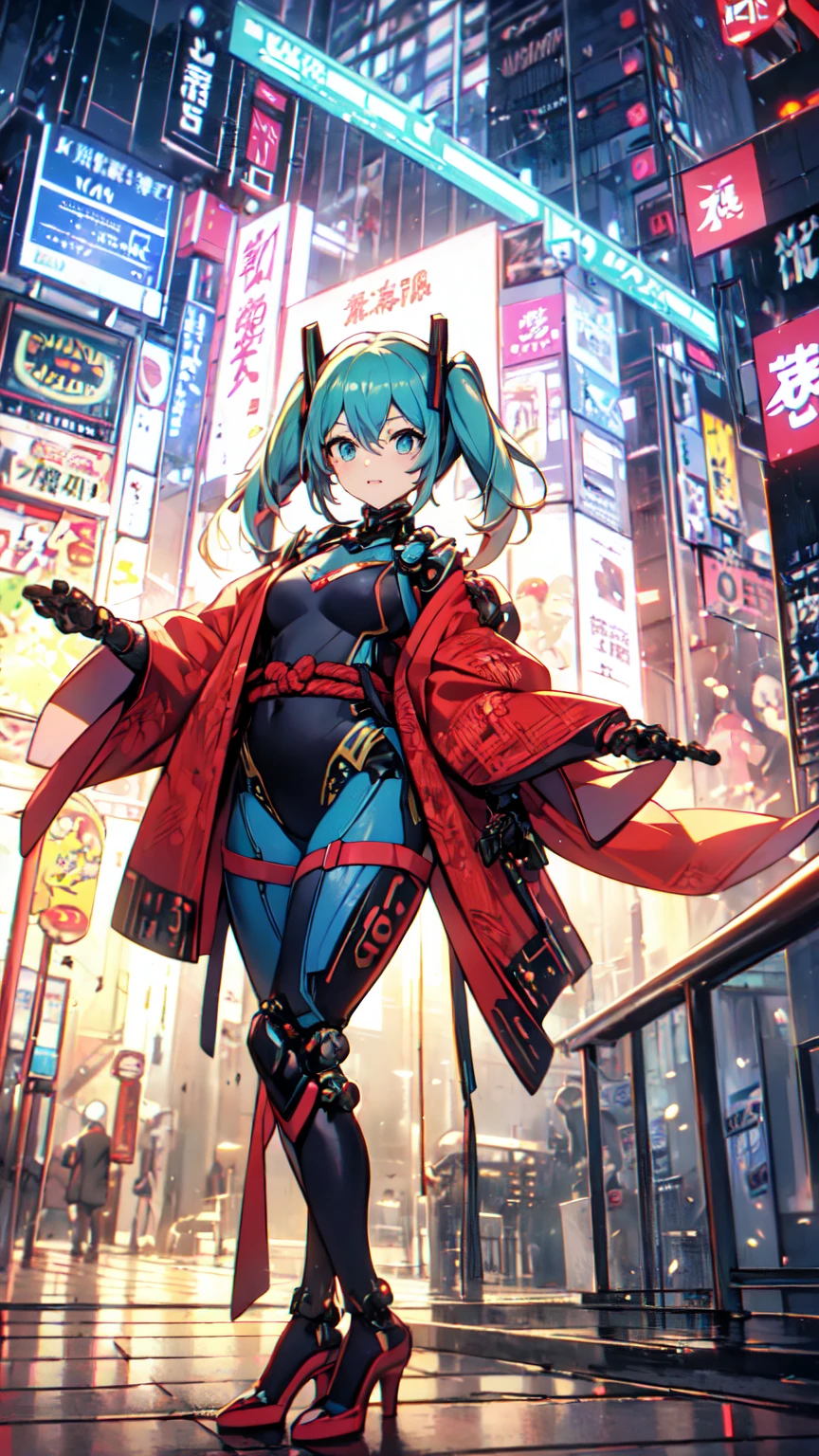 Adult women, Hatsune Miku, Rin々Funny face, Samurai Girl((Japan Armor Musha)), (Cybernetic Leotard), ((cyber punk)), High heels, masterpiece, Highest quality, Ultra fine, Rin々Funny face, Anime Visual, 重Cybernetic Leotard, sf, good_face: 0.8