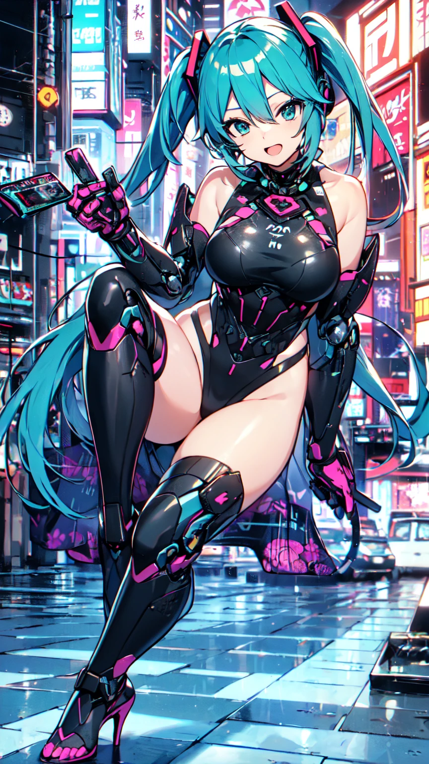 Adult women, Hatsune Miku, Rin々Funny face, Samurai Girl((Japan Armor Musha)), (Cybernetic Leotard), ((cyber punk)), High heels, masterpiece, Highest quality, Ultra fine, Rin々Funny face, Anime Visual, 重Cybernetic Leotard, sf, good_face: 0.8