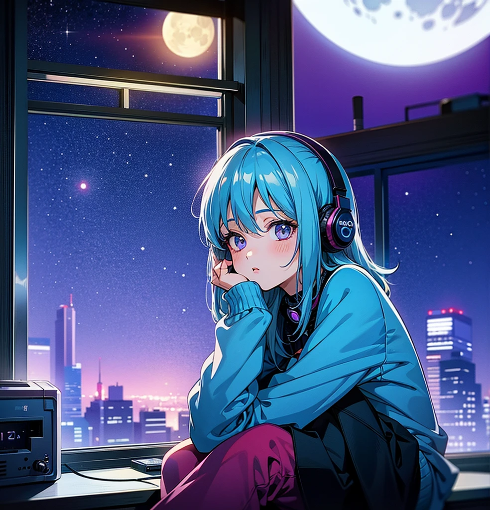 1 girl, 90s anime style, night, Studio Room, moon, Girl wearing headphones, late night room, Listening to music alone, City Pop,Lo-Fi, Chill, late night, Single room, Dark Room, futuristic night view outside the window, Dark Room,Warm lighting