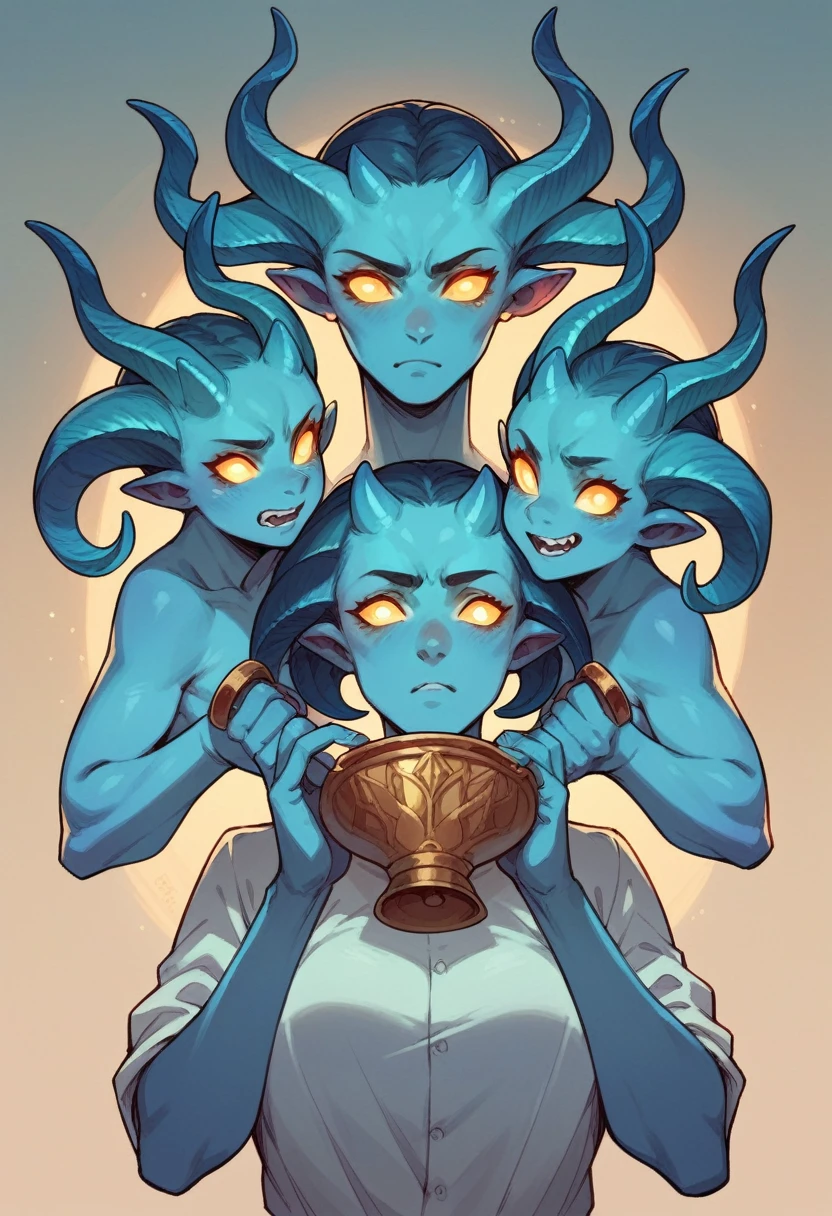 Humanoid creature, three heads, blue skin, long cyan horns, holding a cristal, glowing eyes