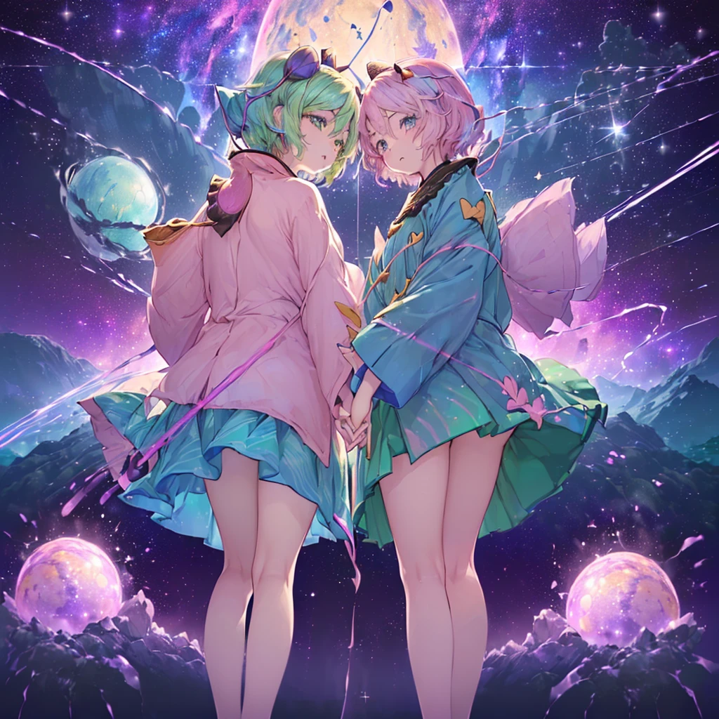 ((((((East、Komeiji Sisters Opposite colors)))))) (((((Put your hands together、Two people facing each other、close Third Eye Galaxy Background、Shine))))) ((((Fantasy Pink and green Swaying in the Wind)))) (((Lonely、despair))) ((tears)) (Distorted Space-Time Big full moon) Shine背景 Particles of light, Shineエッジ