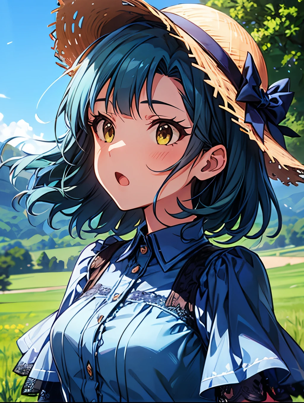 yuriko nanao (million live), 1 girl, Solo, Best Quality, masterpiece, 8K, High resolution, Ultra-detailed, madeon, portrait, face focus, yellow eyes, :o, bright green and aqua blue dress, collared, frilled dress, lacy dress, wearing straw hat, outdoor, high mountain in the background,