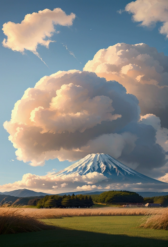 a beautiful wide grassy field at the base of mount fuji, summer day with no people, windblown straw hat flying in the wind, billowing cumulus clouds in a bright blue sky, a feeling of pure happiness, (best quality,8k,highres,masterpiece:1.2),ultra-detailed,(realistic,photorealistic,photo-realistic:1.37),landscape,natural lighting,vibrant colors,serene atmosphere