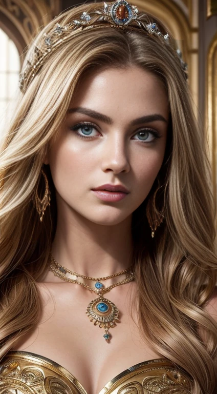 absurd, ultra detailed, high quality, masterpiece, detailed face, beautiful eyes(detailed eyes), Greek mythology, goddess, Hera , queen of the gods, amazing and exciting, features are classically beautiful, with high cheekbones, Ideally proportioned face, the eyes are depicted as large and charming, keep a close gaze, Golden hair , Gole hair is voluminous and flowing., rolls down her back in waves , wear elegant clothes, decorated with intricate patterns. , Her beauty is not just superficial, she embodies the essence of strength., power, and kingdom.