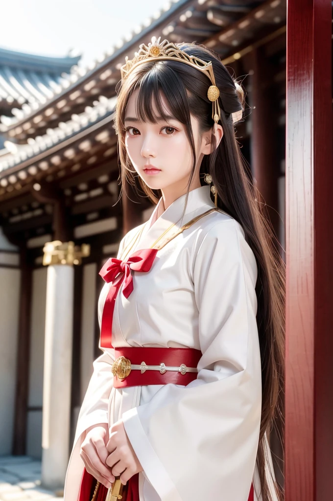 White hunting uniform, a shinto shrine maiden, detailed face, detailed eyes, detailed lips, long straight brown hair, gold thin hair tiara, red straight lines on white outfit, conservative outfit, holding silver scissors, standing in a shrine courtyard, upper body closeup, high quality, digital art, photorealistic, dramatic lighting, cinematic, masterpiece