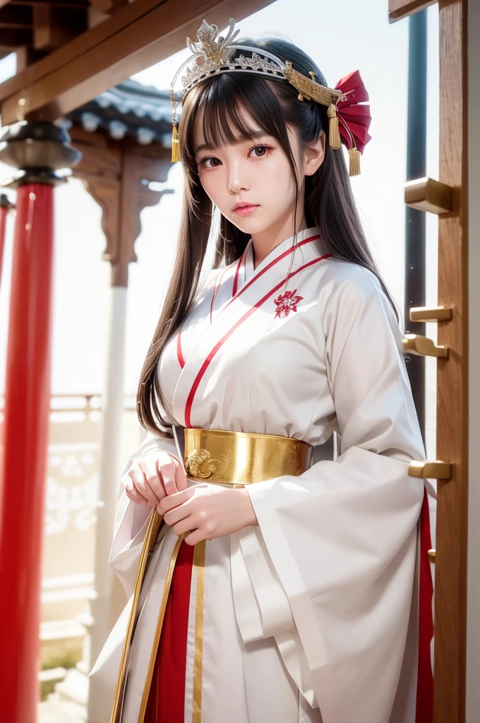 White hunting uniform, a shinto shrine maiden, detailed face, detailed eyes, detailed lips, long straight brown hair, gold thin hair tiara, red straight lines on white outfit, conservative outfit, holding silver scissors, standing in a shrine courtyard, upper body closeup, high quality, digital art, photorealistic, dramatic lighting, cinematic, masterpiece