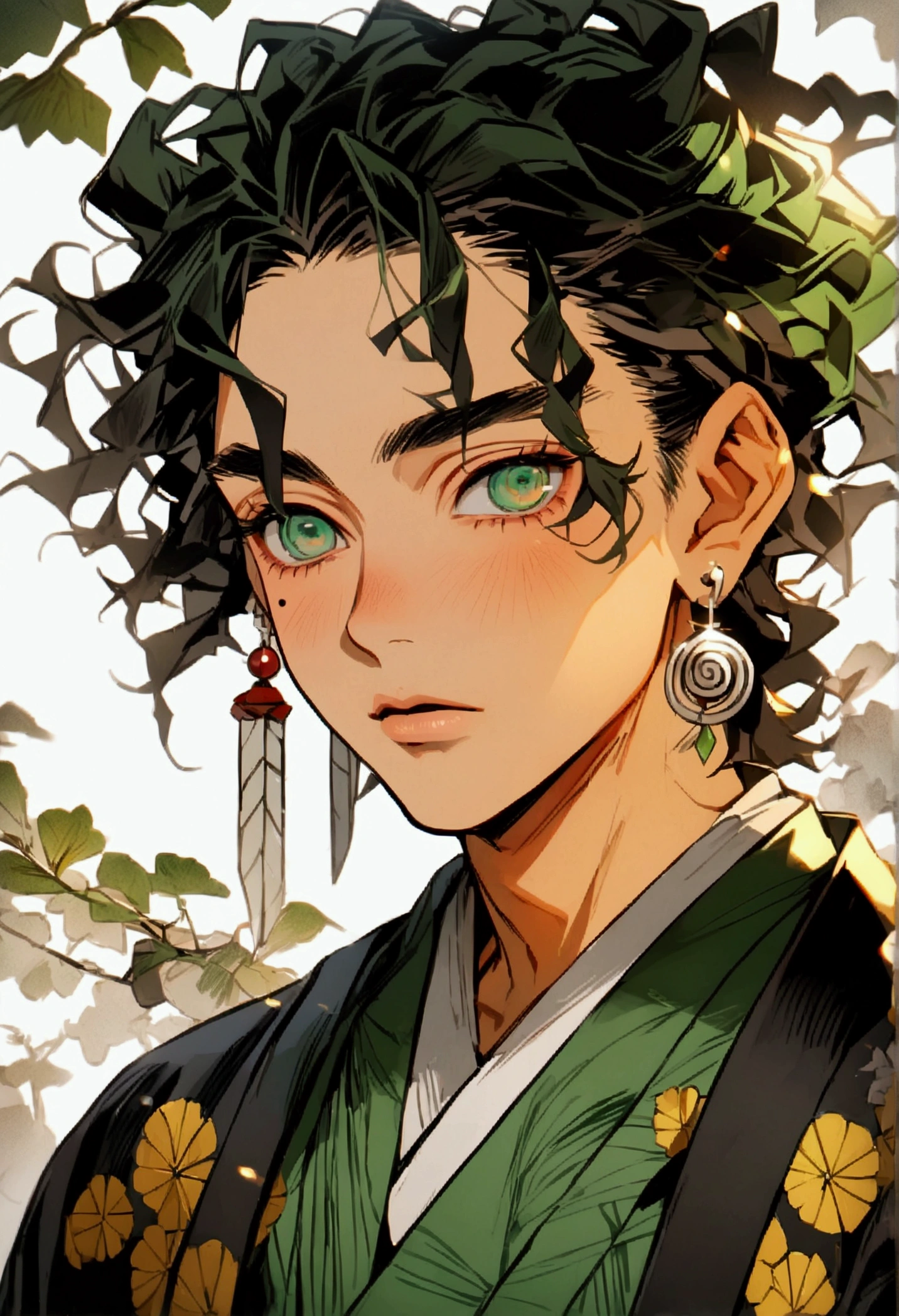 Anime, young man, defined jaw, one small black mole over eye, green hair, long hair to the back, green eyes, shorty, fully dark black japonese kimono,a pair of silver spiral-shaped earrings, kimetsu no yaiba art style.