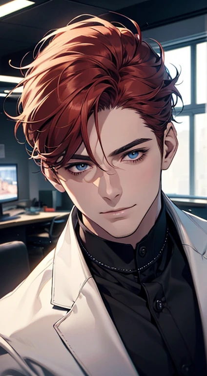 (best quality,4k,8k,highres,masterpiece:1.2),ultra-detailed,(realistic,photorealistic,photo-realistic:1.37),1 man,31 years old,mature man,very handsome,without expression,smile,short grey red hair,blue eyes,penetrating gaze,perfect face without errors,imposing posture,businessman,office background,cinematic lighting,hdr image