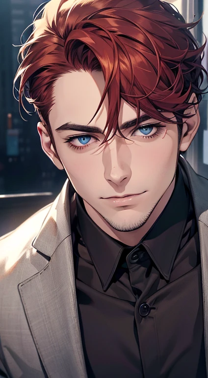 (best quality,4k,8k,highres,masterpiece:1.2),ultra-detailed,(realistic,photorealistic,photo-realistic:1.37),1 man,31 years old,mature man,very handsome,without expression,smile,short grey red hair,blue eyes,penetrating gaze,perfect face without errors,imposing posture,businessman,office background,cinematic lighting,hdr image