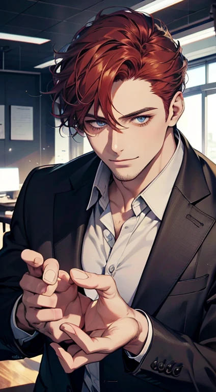 (best quality,4k,8k,highres,masterpiece:1.2),ultra-detailed,(realistic,photorealistic,photo-realistic:1.37),1 man,31 years old,mature man,very handsome,without expression,smile,short grey red hair,blue eyes,penetrating gaze,perfect face without errors,imposing posture,businessman,office background,cinematic lighting,hdr image