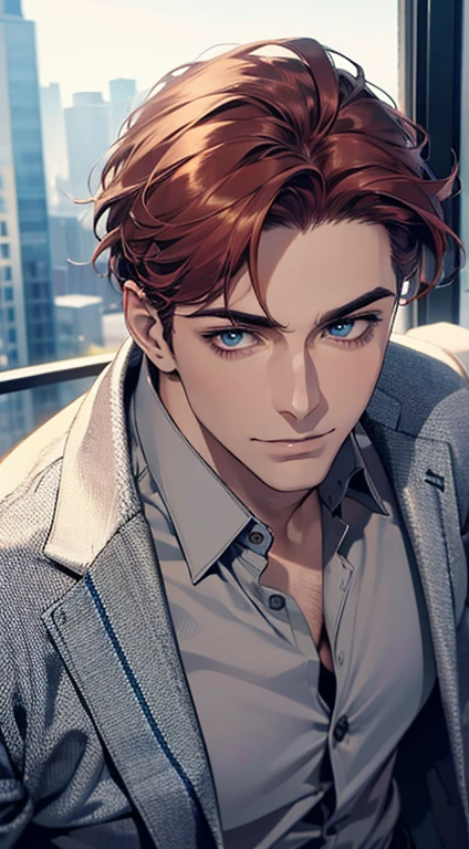 (best quality,4k,8k,highres,masterpiece:1.2),ultra-detailed,(realistic,photorealistic,photo-realistic:1.37),1 man,31 years old,mature man,very handsome,without expression,smile,short grey red hair,blue eyes,penetrating gaze,perfect face without errors,imposing posture,businessman,office background,cinematic lighting,hdr image