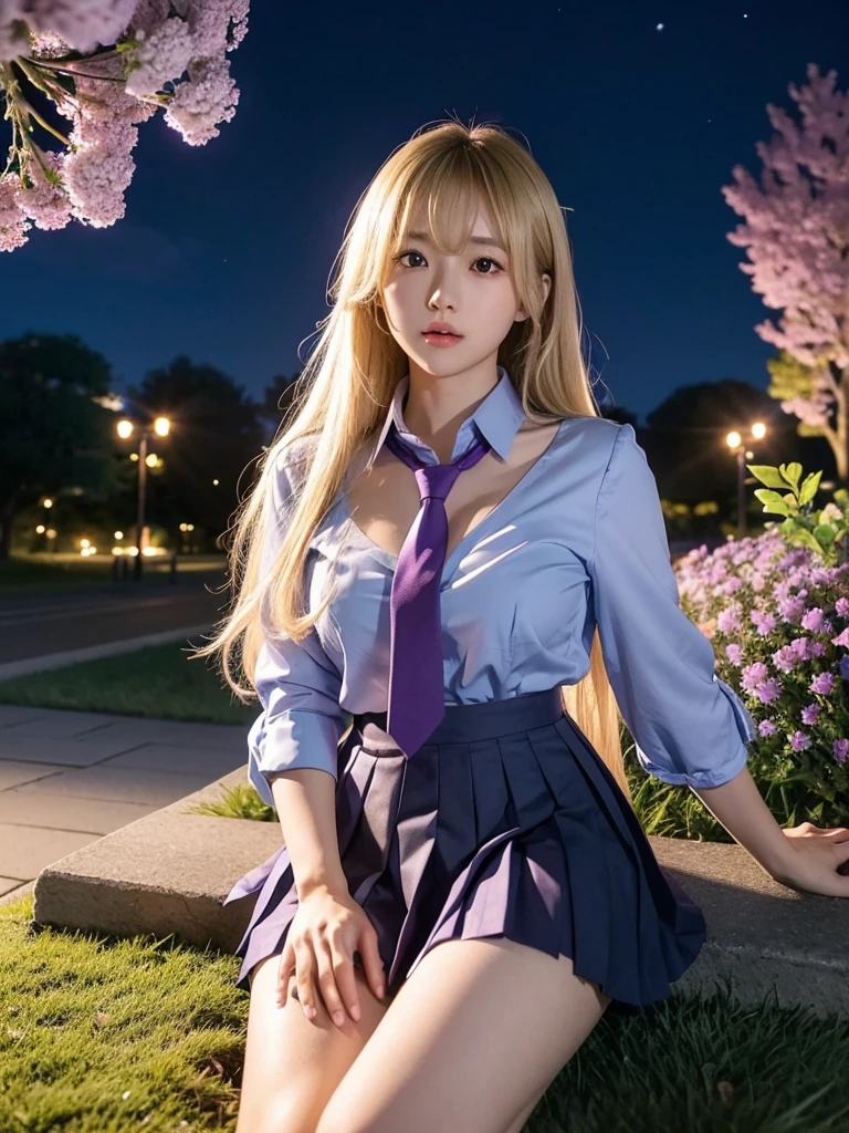 misaki nakamura, long hair, blonde hair, bangs, purple eyes, cleavage, blue shirt, pleated mini skirt, necktie, black thighhighs (night), iridescence, In the park under the moonlight，A beautiful girl sitting among the flowers，Surrounded by blooming flowers and fluttering butterflies。Girl&#39;s cleavage is visible，The body leans back，Support your body with your elbows，Showing an elegant and seductive posture。She has a very beautiful、Well-proportioned legs，Anatomically correct。The girl&#39;s face is delicate，Bathed in the soft moonlight，The whole scene is filled with atmospheric lighting effects。Dramatic lighting creates a cinematic atmosphere。The bright smile on the girl&#39;s face adds a touch of fantasy。