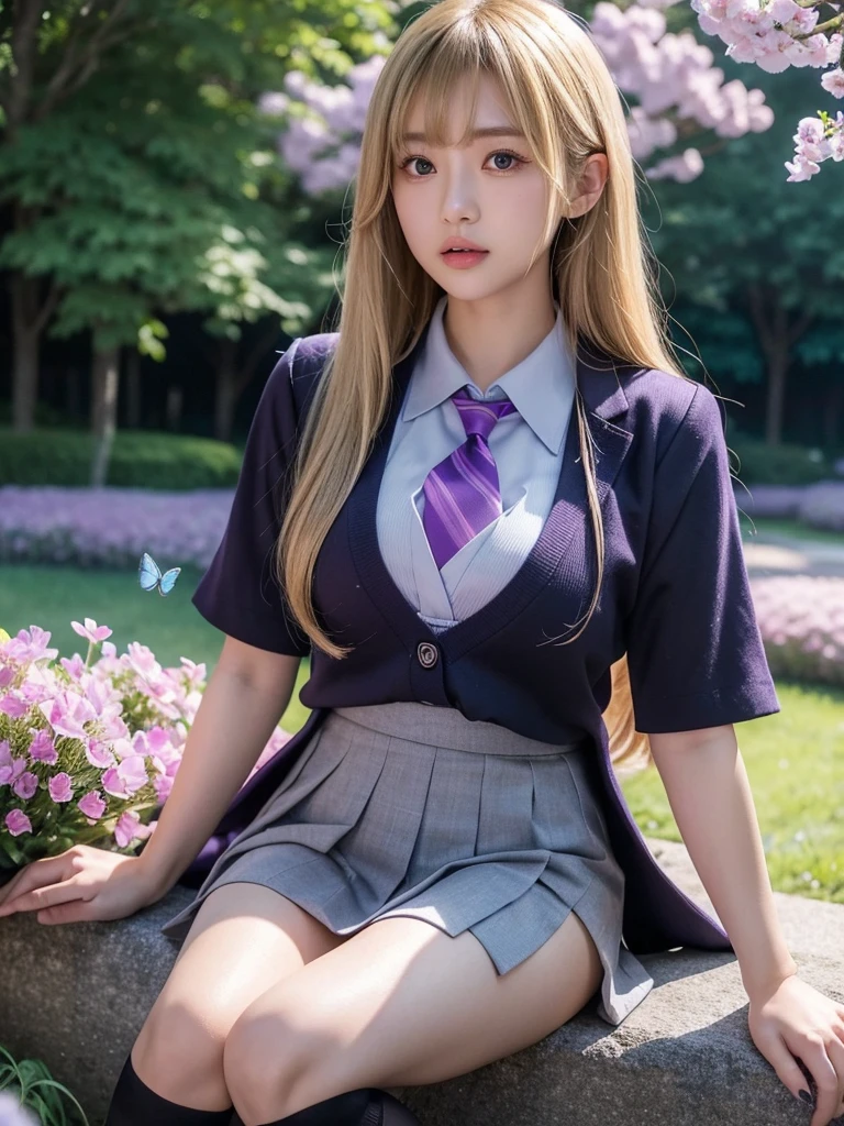 misaki nakamura, long hair, blonde hair, bangs, purple eyes, cleavage, blue shirt, pleated mini skirt, necktie, black thighhighs (night), iridescence, In the park under the moonlight，A beautiful girl sitting among the flowers，Surrounded by blooming flowers and fluttering butterflies。Girl&#39;s cleavage is visible，The body leans back，Support your body with your elbows，Showing an elegant and seductive posture。She has a very beautiful、Well-proportioned legs，Anatomically correct。The girl&#39;s face is delicate，Bathed in the soft moonlight，The whole scene is filled with atmospheric lighting effects。Dramatic lighting creates a cinematic atmosphere。The bright smile on the girl&#39;s face adds a touch of fantasy。