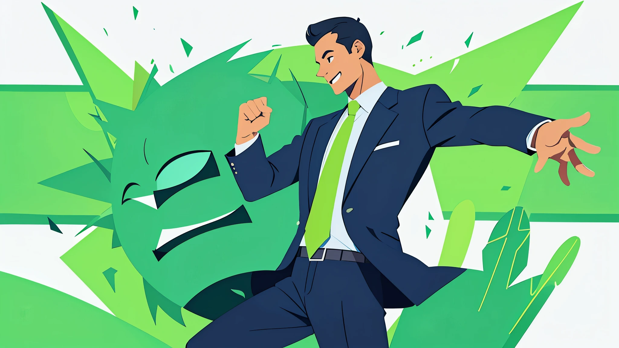 A businessman is happy and making a fist pump, One man in a suit, Appearance, high quality, High resolution ,Illustration using only green color Pastel edited illustration, James Gillard&#39;s style, Flat style illustration, Digital style illustration, Modern magazine illustration!