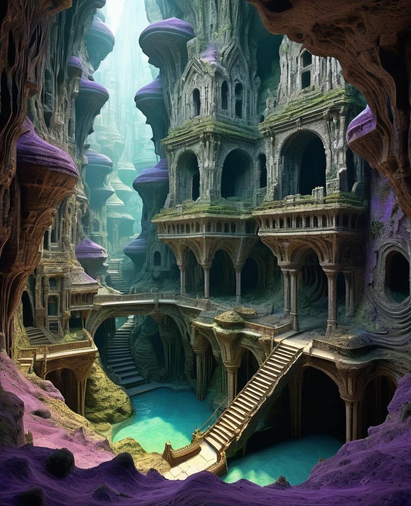 there are many inverted cavities (different rooms, joined by mandelbulb projections that form passages) in the middle of an underground canyon that makes up a mandelbulb mud village at different heights with many balconies and stalactites and stalactites, fantasy architecture, Highly detailed 4k digital art, beautiful detailed fantasy, stunning fantasy landscape, detailed fantasy digital art, arstation and beep highly, fantasy style octane 8k rendering, stuning fantasy 3d rendering, 4k detail fantasy, fantasy 3d rendering, 3D rendering beep, deep masive desert landscape, stalacmite cave laberinto very confuse type geonosis bubbes violet green yellow