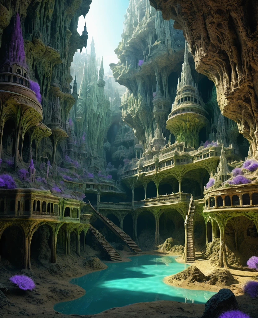 there are many inverted cavities (different rooms, joined by mandelbulb projections that form passages) in the middle of an underground canyon that makes up a mandelbulb mud village at different heights with many balconies and stalactites and stalactites, fantasy architecture, Highly detailed 4k digital art, beautiful detailed fantasy, stunning fantasy landscape, detailed fantasy digital art, arstation and beep highly, fantasy style octane 8k rendering, stuning fantasy 3d rendering, 4k detail fantasy, fantasy 3d rendering, 3D rendering beep, deep masive desert landscape, stalacmite cave laberinto very confuse type geonosis bubbes violet green yellow