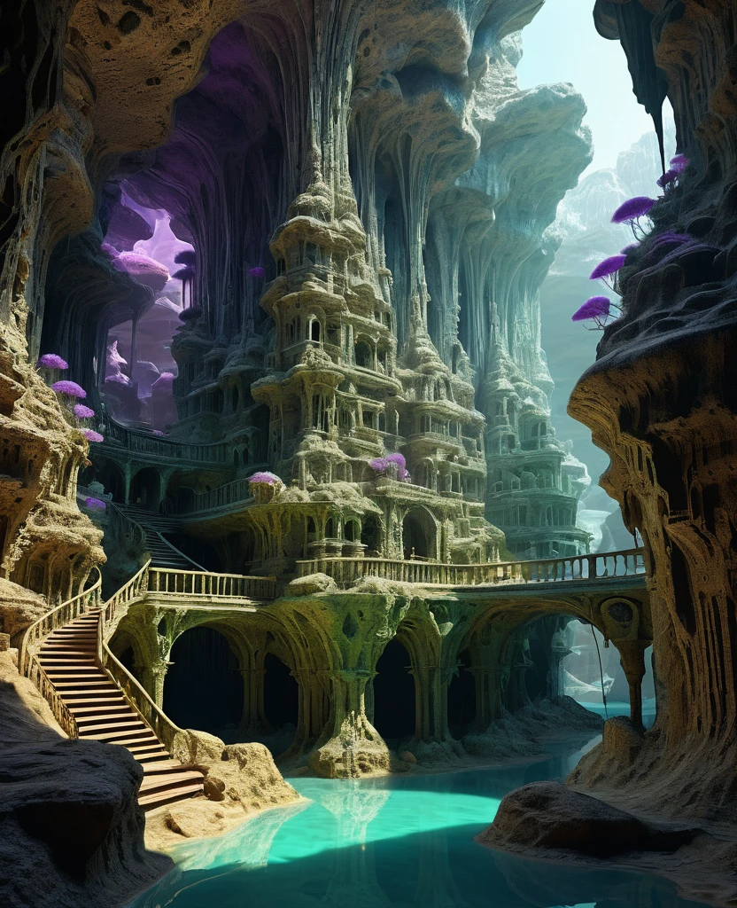 there are many inverted cavities (different rooms, joined by mandelbulb projections that form passages) in the middle of an underground canyon that makes up a mandelbulb mud village at different heights with many balconies and stalactites and stalactites, fantasy architecture, Highly detailed 4k digital art, beautiful detailed fantasy, stunning fantasy landscape, detailed fantasy digital art, arstation and beep highly, fantasy style octane 8k rendering, stuning fantasy 3d rendering, 4k detail fantasy, fantasy 3d rendering, 3D rendering beep, deep masive desert landscape, stalacmite cave laberinto very confuse type geonosis bubbes violet green yellow