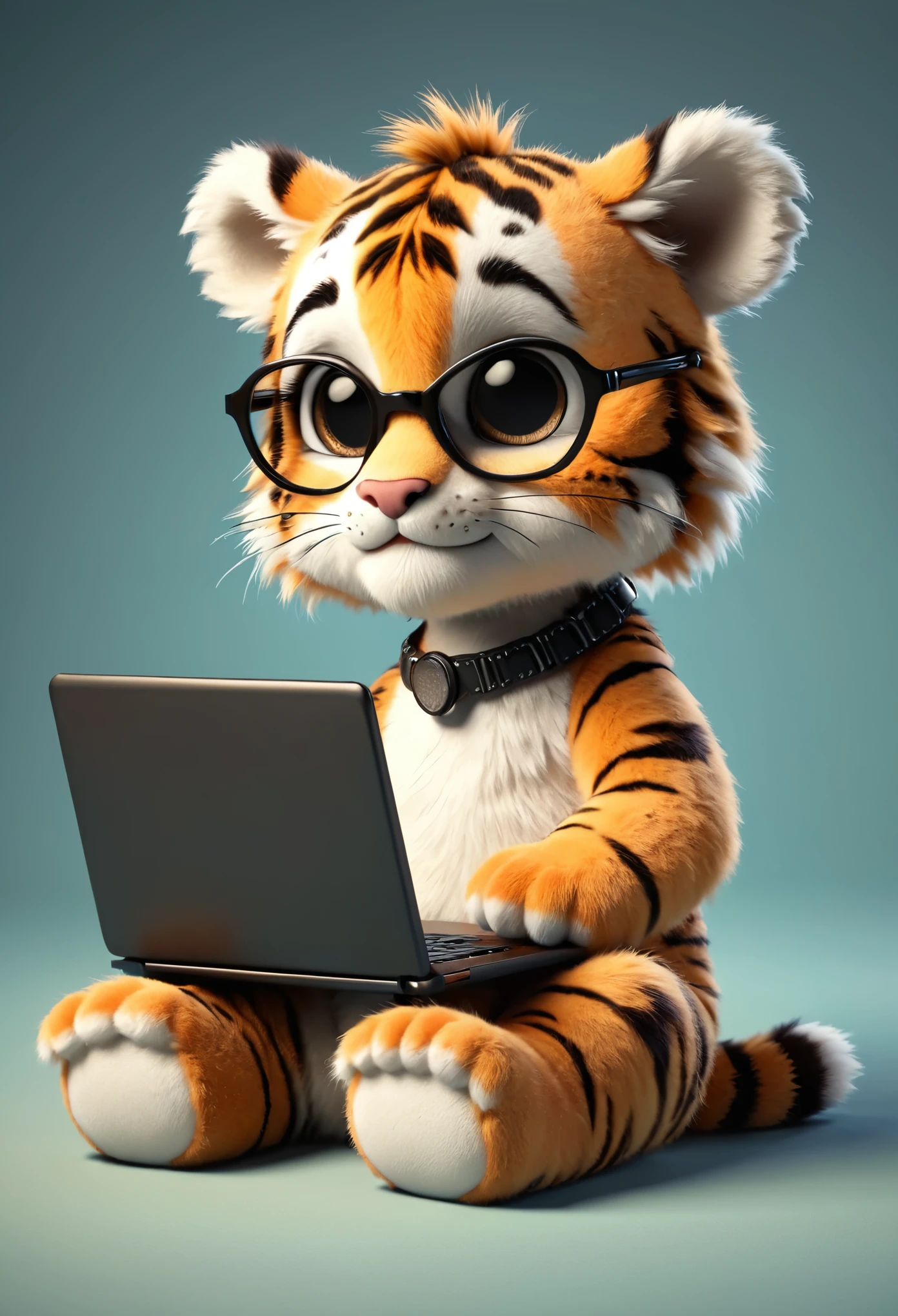 Poster Design：Cute little tiger，Furry, With laptop
