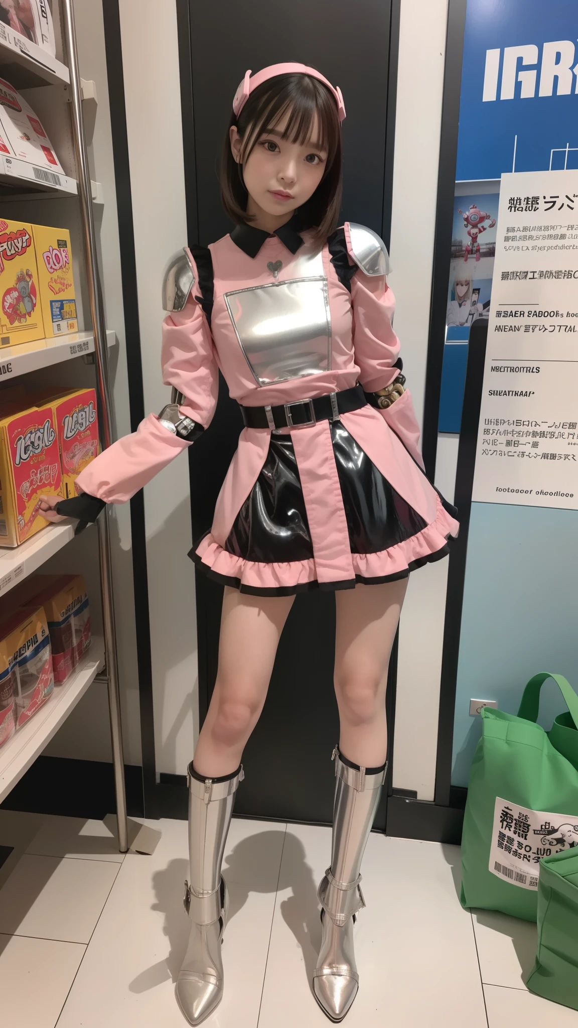 Robot Girl, pink there, Silver, Metallic body, Robot Parts, Metal Parts, Super Detailed Face, Super well-formed face, of the highest quality, a small face, a small head, Brown hair, Slender body, Camera gaze, Internal Mechanical Exposure, Idol, front facing, Well-proportioned body, sale, Exhibited, Event Hall, Moe Pose, pink metallic Lolita dress machine armor, Standing with legs open, Model body type, sad, Embarrassing,(Perfect Robot Girl),(Perfect machine body)