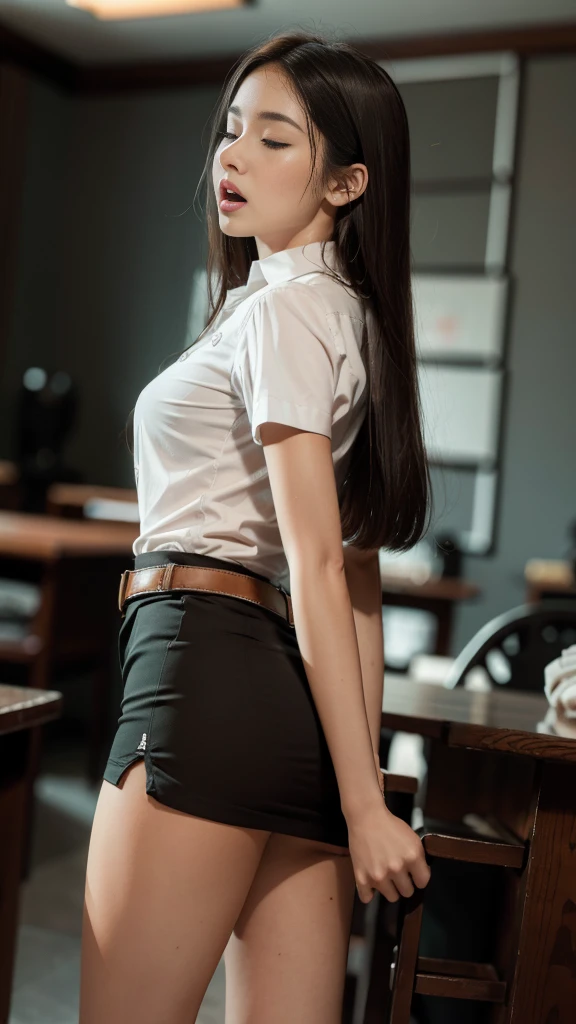 (Well-defined abs: 1.1), (perfect bodies: 1.1), （Extremely detailed CG 8k wallpaper），（Extremely refined and beautiful），（tmasterpiece），（best qualtiy：1.0），（Ultra-high resolution：1.0，[A high resolution]，open mouth:1.2, close eyes:1.2, sleeping face:1.2, face of suffering:1.2, Smooth and flawless fair skin，ultra - detailed ，Elongated legs, (medium breasts:1.1)，（Black tight torn mini short skirt:1.4),(white short-sleeve shirt:1.2),(brown suede belt), In classroom:1.2，teal background，from back, upperbody shot，nightfall，warm light, standing, (emphasize back, hip, buttoms:1.3), long messy straight hair, look up in the sky:1.3, detailed face, black high heels:1.2, perfect body proportions:1.2, pantylines:1.3, see black bra under shirt:1.3: translucent shirt:1.4, hands between lrgs:1.3