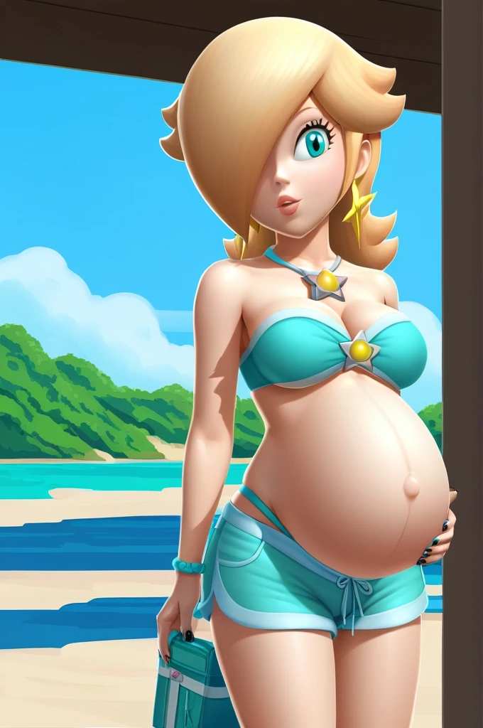 score_9, score_8_up, 1girl, solo, rosalina, style parody, thick outlines, bikini, shorts, pregnant belly, big belly, sleeveless, strapless, cleavage, indoors, beach, black nails, complete body, perfect, blue nails,