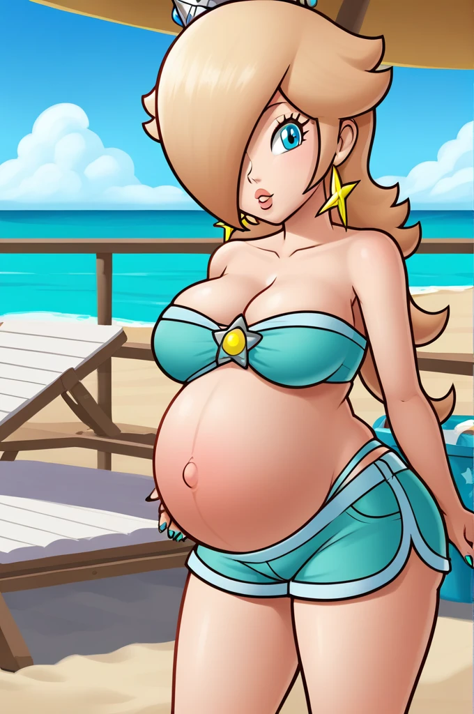 score_9, score_8_up, 1girl, solo, rosalina, style parody, thick outlines, bikini, shorts, pregnant belly, big belly, sleeveless, strapless, cleavage, indoors, beach, black nails, complete body, perfect, blue nails,