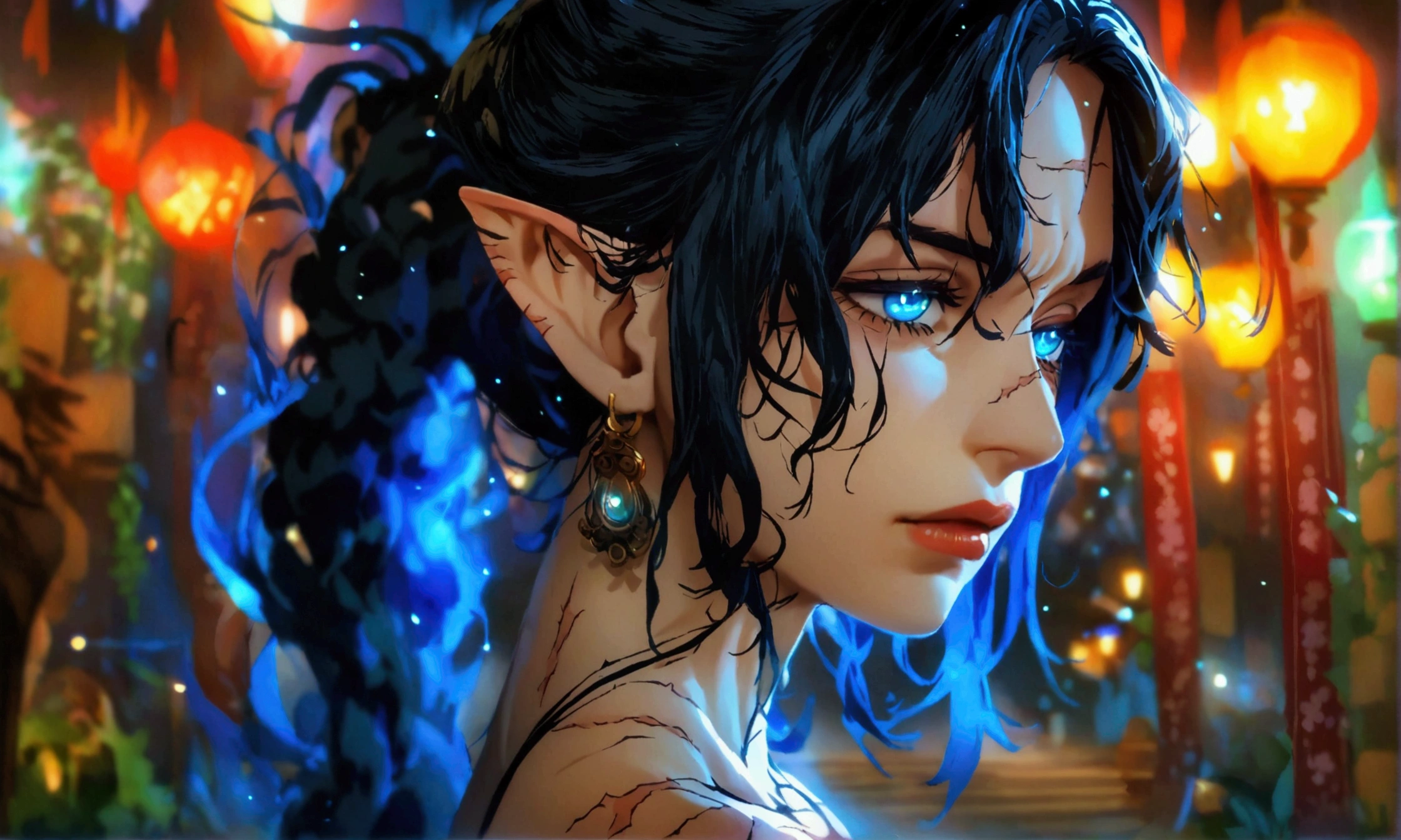 Female, pale skin, light blue eyes, long dark hair on one side and slightly shorter on the other, pointed ears, agile and slightly muscular physique, some small scars on the arms and legs, full body angle, dark night background, "Anime character design inspired by One Piece, full of dramatic and impressive lighting, focus on the centralized character, impressive face, full of creative details, ultra-fine 4K design, scenery bathed in creativity, boasting 2D anime resolution clarity, HD anime graphics, high-octane rendering"