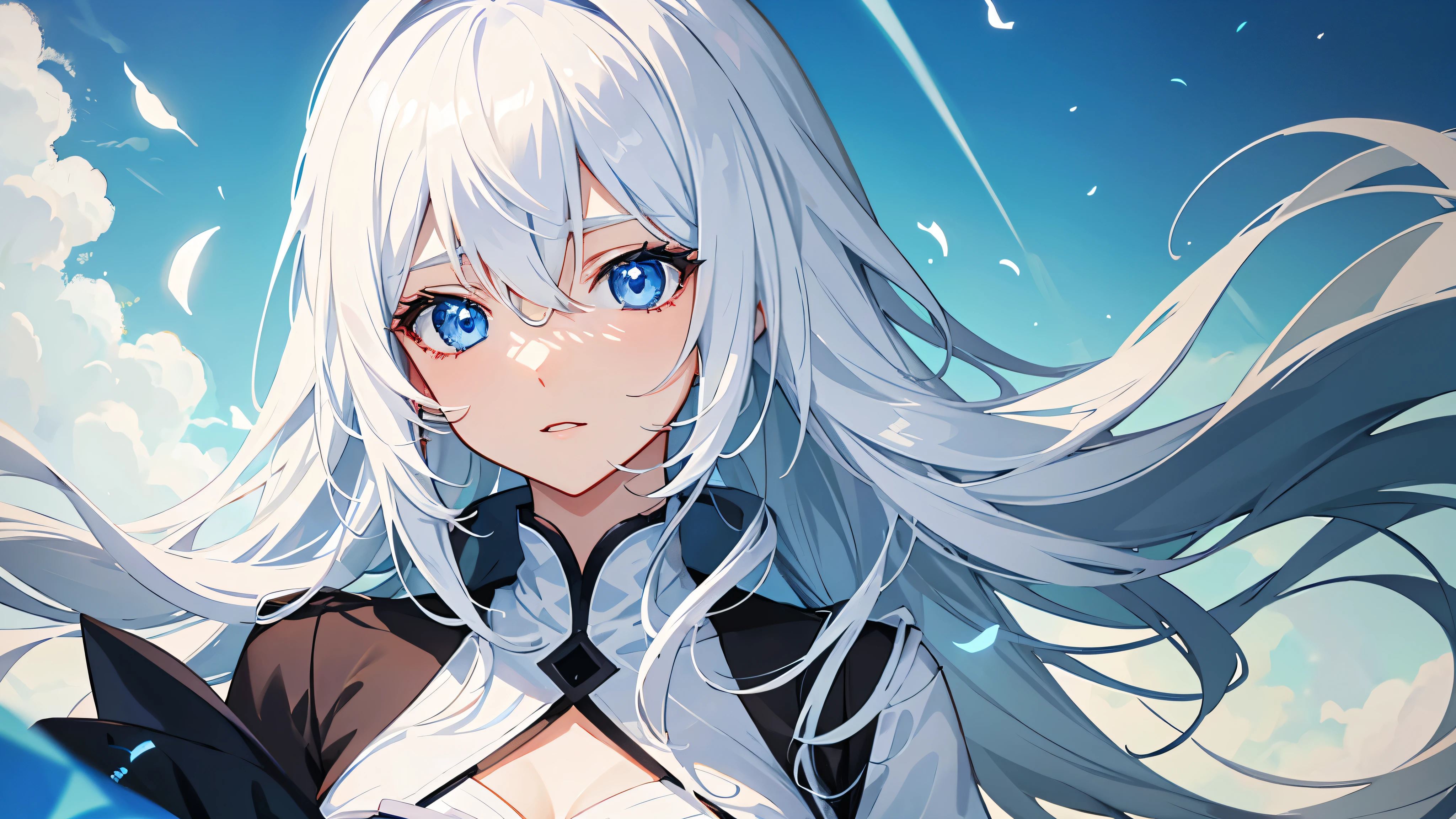 Create an illustration of an anime-style character with white hair and blue eyes。The character's eyes shine like jewels、He has a serious look on his face during the battle.。Her hair is medium length and stands up.、Dressed in black。There is a lightning bolt in the background.、It gives a dramatic and dynamic feel.。Character faces forward、He has a look of concentrated determination.。Draw only one person