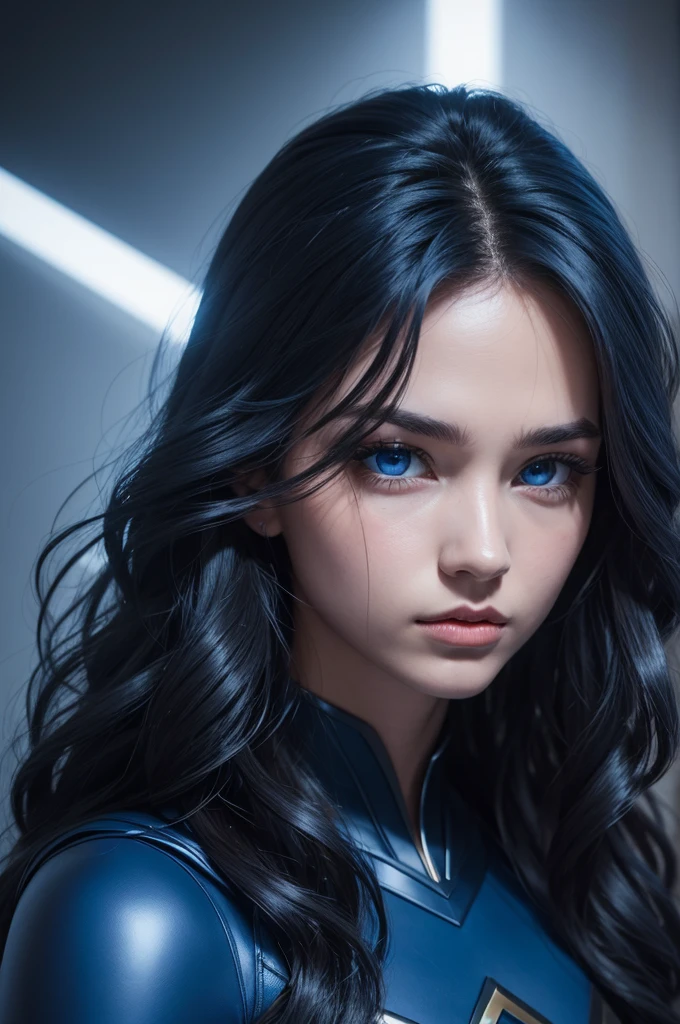 comics of a superhero in a dark blue costume, thin lips, blue eyes and wavy hair