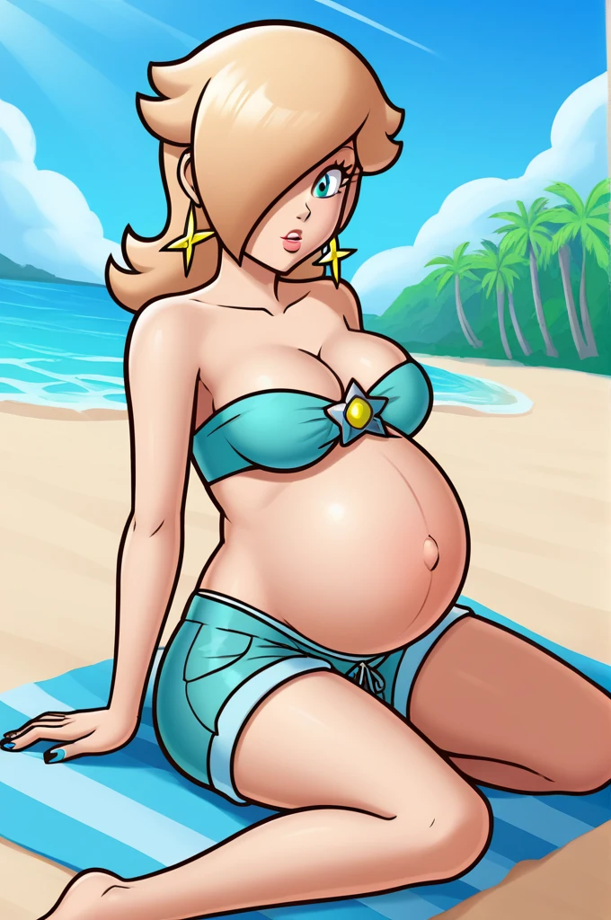 score_9, score_8_up, 1girl, solo, rosalina, style parody, thick outlines, bikini, shorts, pregnant belly, big belly, sleeveless, strapless, cleavage, indoors, beach, black nails, complete body, perfect, blue nails,