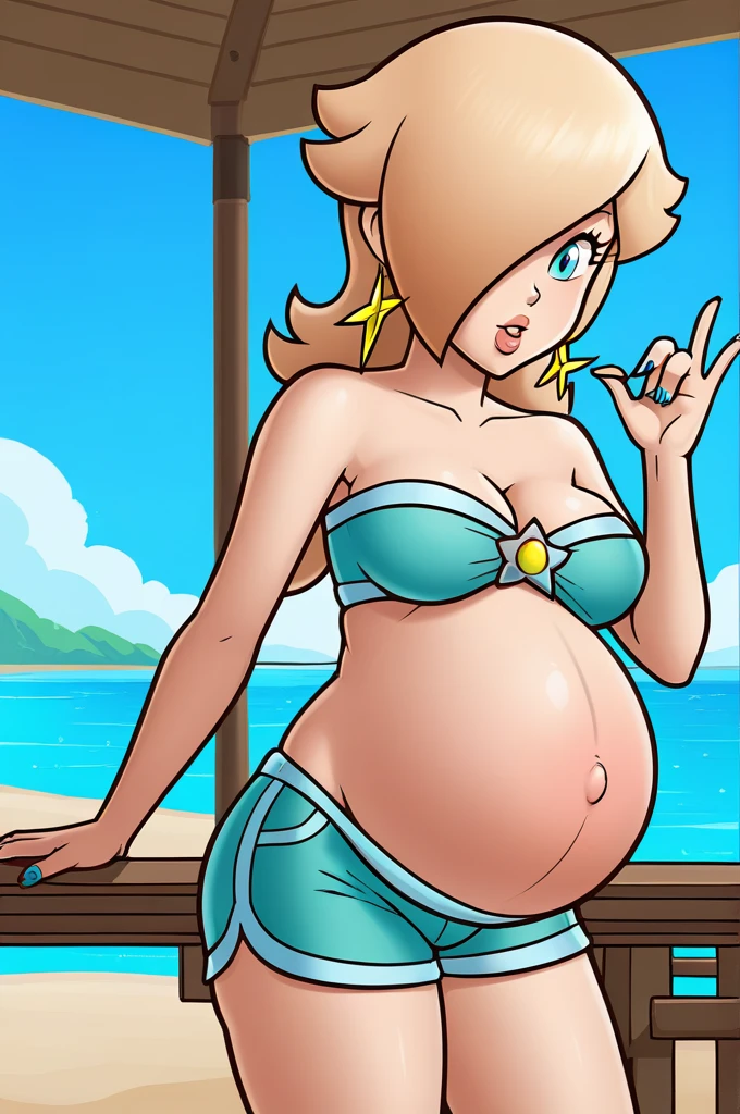 score_9, score_8_up, 1girl, solo, rosalina, style parody, thick outlines, bikini, shorts, pregnant belly, big belly, sleeveless, strapless, cleavage, indoors, beach, black nails, complete body, perfect, blue nails,