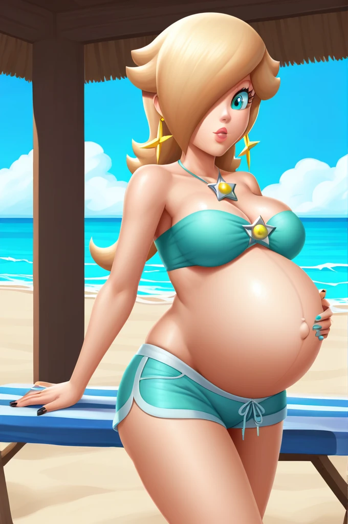 score_9, score_8_up, 1girl, solo, rosalina, style parody, thick outlines, bikini, shorts, pregnant belly, big belly, sleeveless, strapless, cleavage, indoors, beach, black nails, complete body, perfect, blue nails,