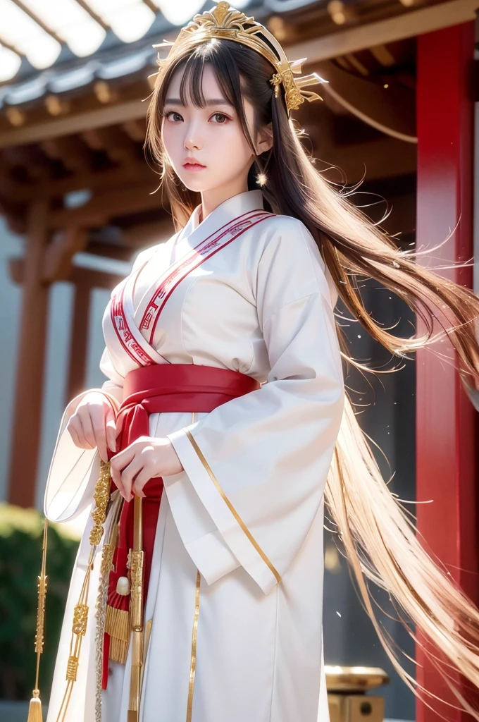 White hunting uniform, a shinto shrine maiden, detailed face, detailed eyes, detailed lips, long straight brown hair, gold simple thin hair tiara, red straight lines on white outfit, conservative outfit, holding silver scissors, standing in a shrine courtyard, upper body closeup, high quality, digital art, photorealistic, dramatic lighting, cinematic, masterpiece