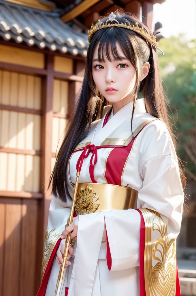 White hunting uniform, a shinto shrine maiden, detailed face, detailed eyes, detailed lips, long straight brown hair, gold simple thin hair tiara,  red straight lines on white outfit, conservative outfit, holding silver scissors, standing in a shrine courtyard, upper body closeup, high quality, digital art, photorealistic, dramatic lighting, cinematic, masterpiece