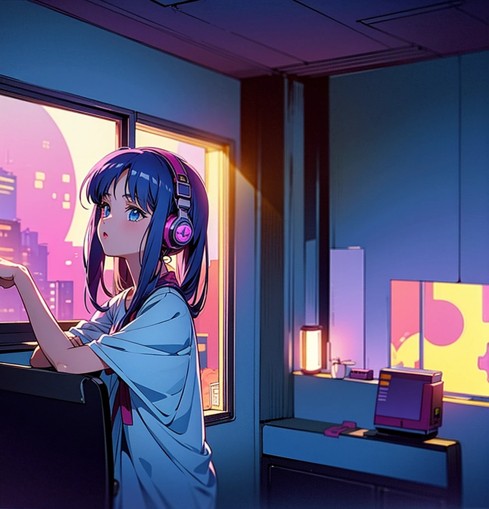 1 girl, 90s anime style, night, Studio Room, moon, Girl wearing headphones, late night room, Listening to music alone, City Pop,Lo-Fi, Chill, late night, Single room, Dark Room, futuristic night view outside the window, Dark Room,Warm lighting